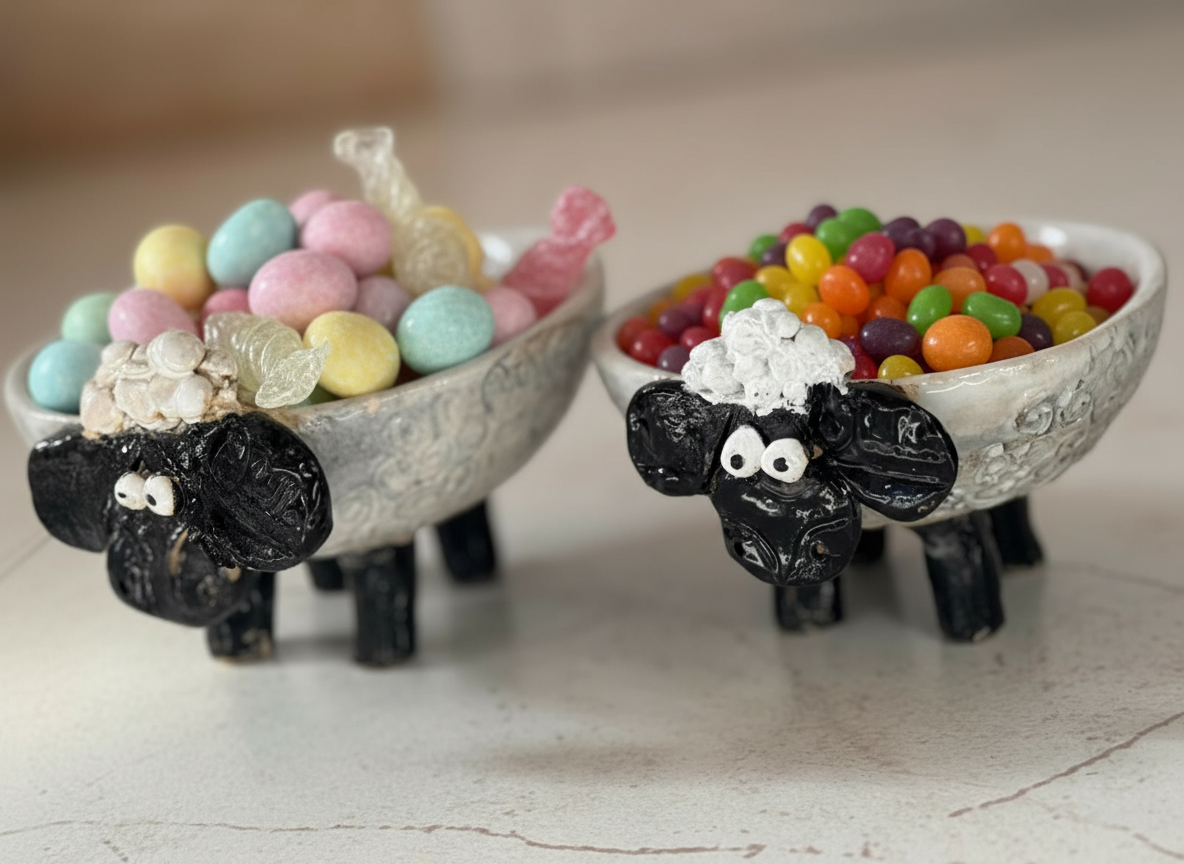 צלחת קרמית בעבודת יד בצורת כבשה - קערת ממתקים