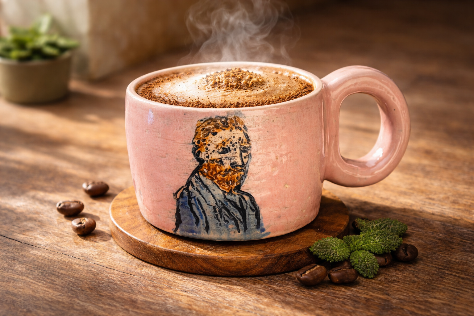 ספל קרמיקה מצויר בעבודת יד - ורוד עתיק