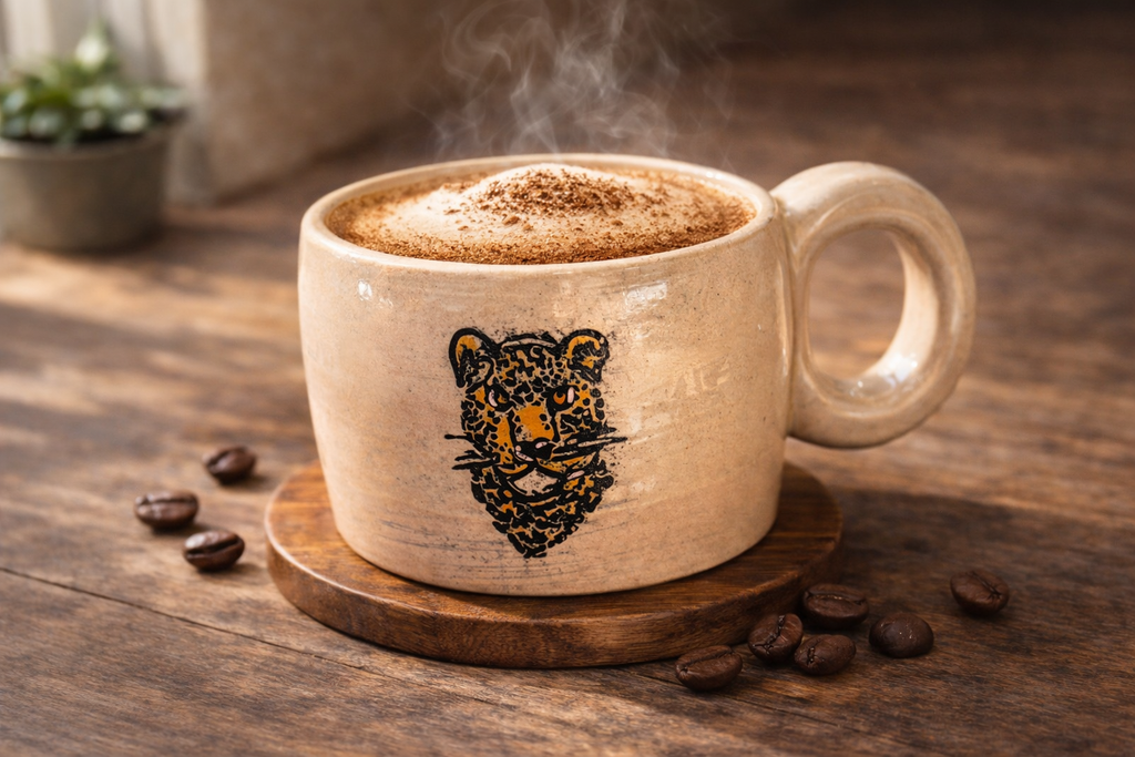 ספל קרמיקה בעבודת יד עם עיצוב נמר