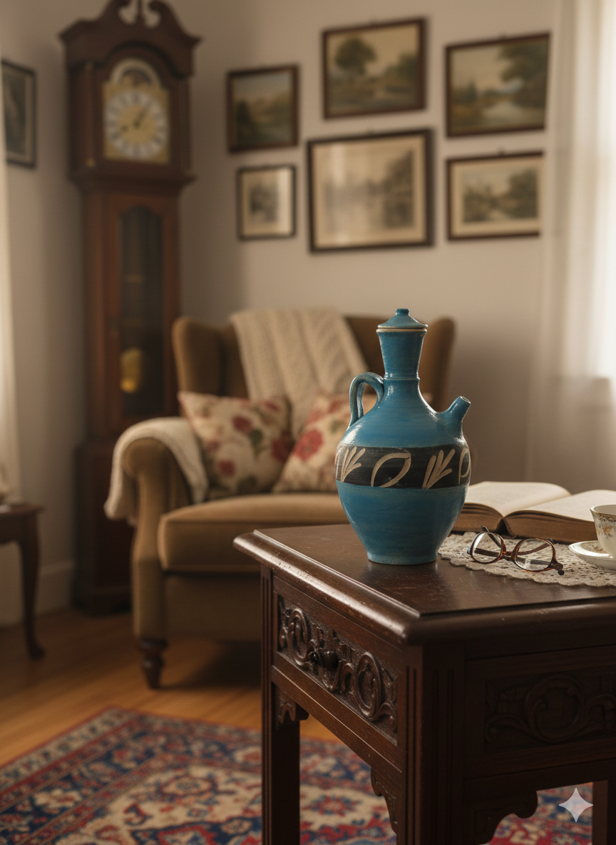 קנקן קרמיקה כחול בעבודת יד עם עיטורי עלים