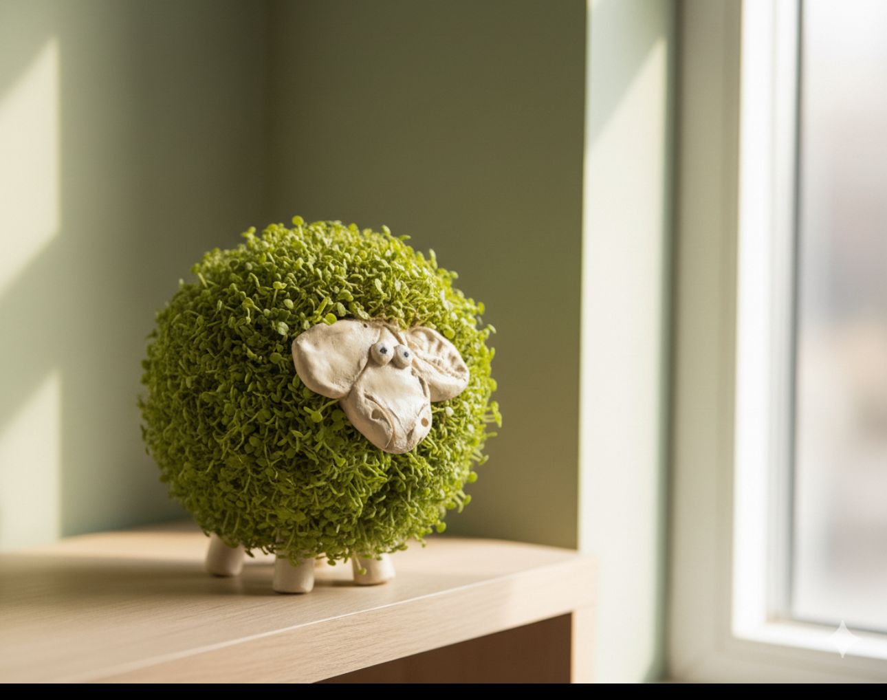 כבשה קרמית בעבודת יד עם צמחייה