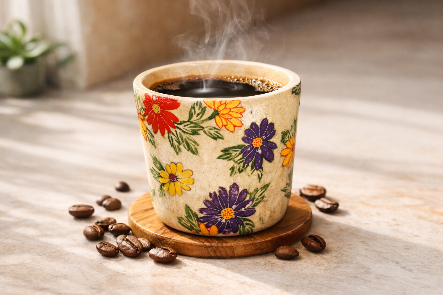 כוס קרמיקה בעבודת יד עם פרחים צבעוניים